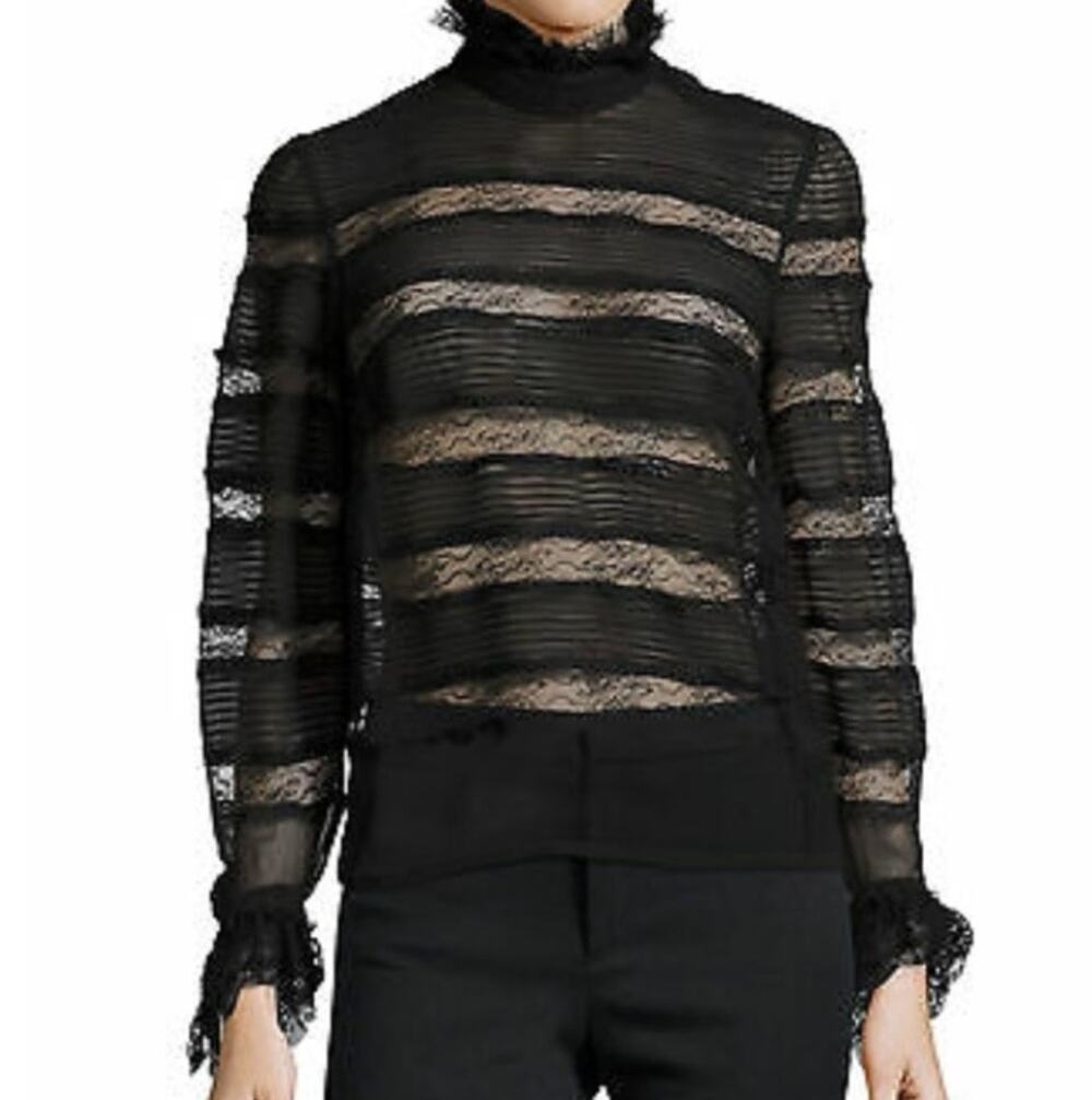 Isabel Marant Sondra Lace Ruffle Black Sheer Neck Womens Top Size 38 US 6 Small